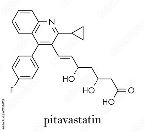 Pitavastatin hypercholesterolemia drug molecule. Skeletal formula.