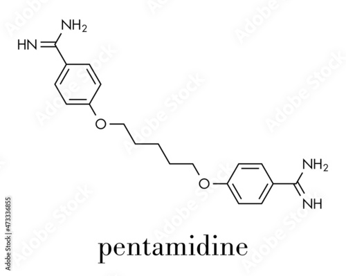 Pentamidine antimicrobial drug molecule. Used in treatment of pneumocystis pneumonia and trypanosomiasis. Skeletal formula. photo