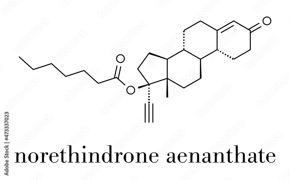 Norethisterone enanthate (norethindrone aenanthate) injectable contraceptive drug molecule. Skeletal formula. Norethisterone enanthate (norethindrone aenanthate) injectable contraceptive drug molecule. Skeletal formula.