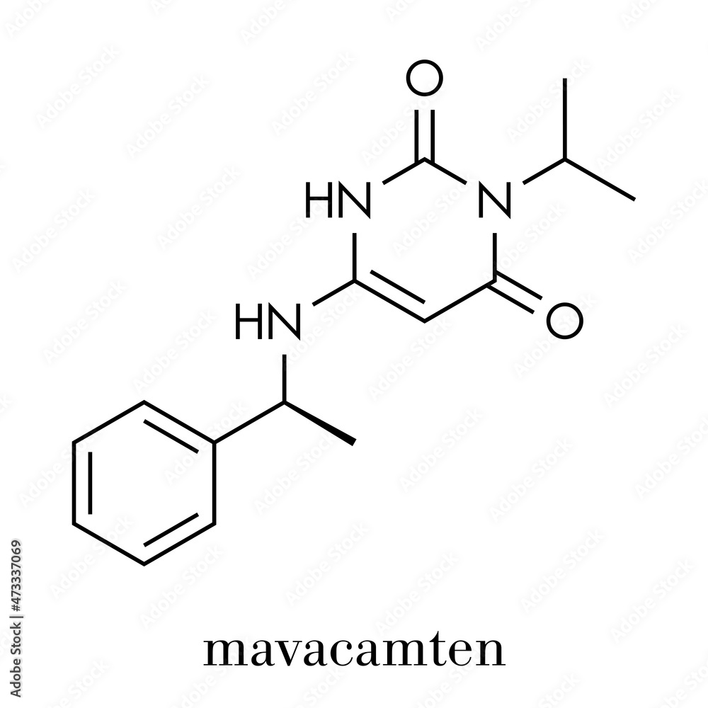 Mavacamten drug molecule. Skeletal formula. Mavacamten drug molecule. Skeletal formula.