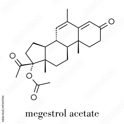 Megestrol acetate appetite stimulant drug molecule. Also used as cancer drug in in combination contraceptives. Skeletal formula.