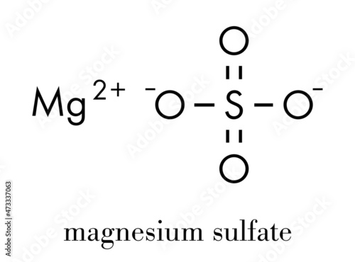 Epsom salt (magnesium sulfate heptahydrate) crystal structure. Many uses include as drug to treat hypomagnesemia. Skeletal formula.