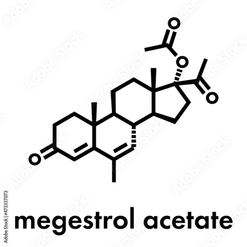 Megestrol acetate appetite stimulant drug molecule. Also used as cancer drug in in combination contraceptives. Skeletal formula.