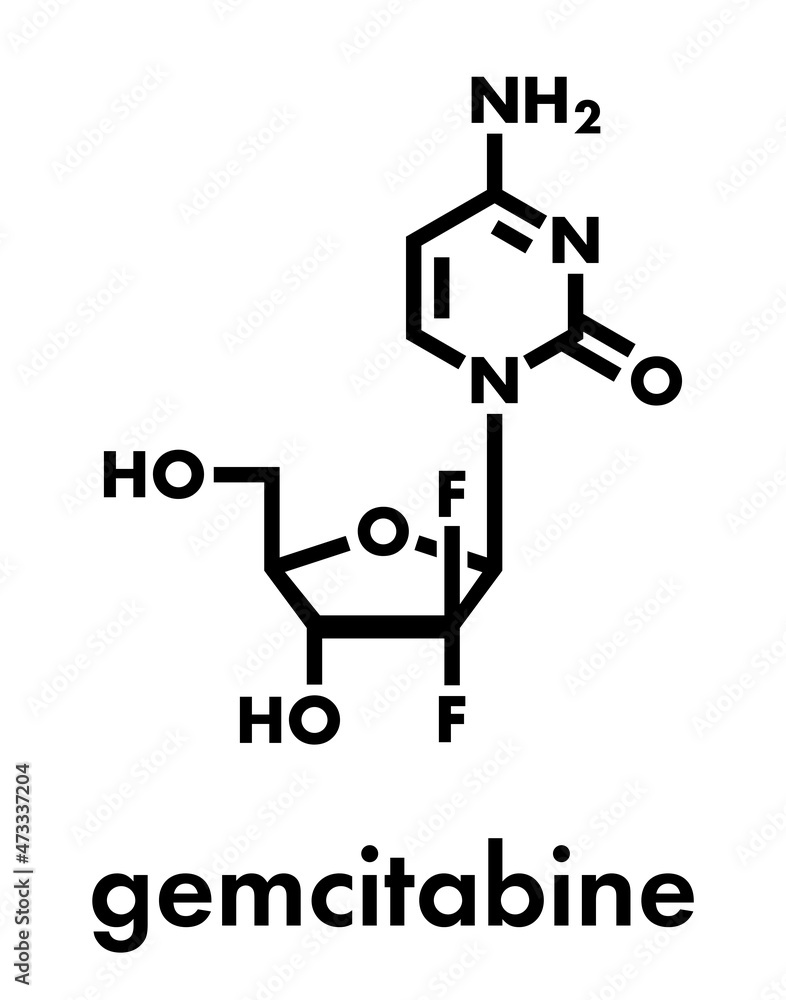 Gemcitabine cancer chemotherapy drug molecule. Skeletal formula.