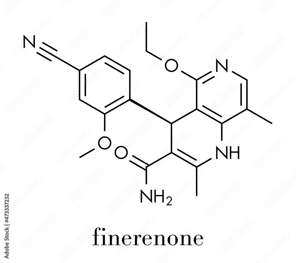 Finerenone heart failure drug molecule (mineralocorticoid receptor antagonist). Skeletal formula.