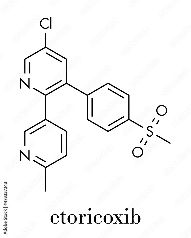 Etoricoxib drug molecule. Skeletal formula. Etoricoxib drug molecule. Skeletal formula.