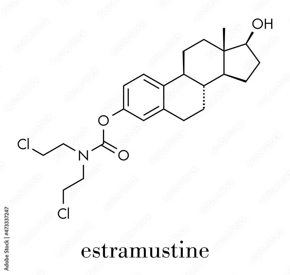 Estramustine prostate cancer chemotherapy drug molecule. Skeletal formula.