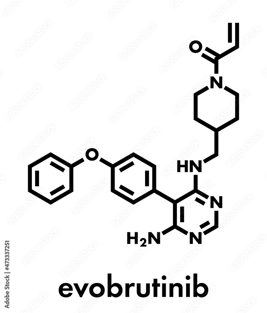 Evobrutinib drug molecule. Skeletal formula. Evobrutinib drug molecule. Skeletal formula.