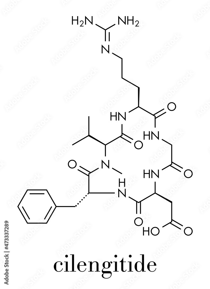 Cilengitide cancer drug molecule. Skeletal formula. Cilengitide cancer drug molecule. Skeletal formula.