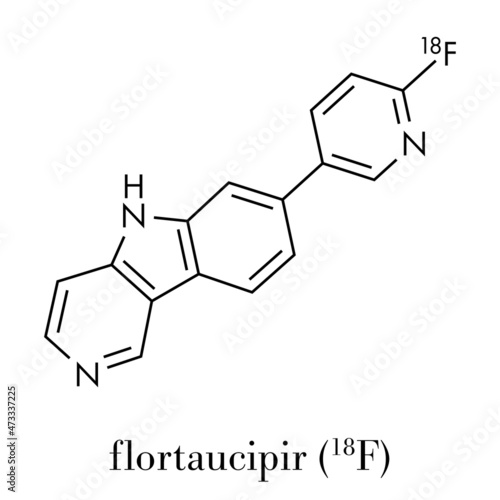 Flortaucipir (18F) diagnostic molecule. Radioactive diagnostic agent used for the imaging of tau pathology in Alzheimer's disease. Skeletal formula.