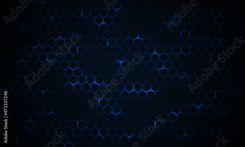 Dark technology hexagonal vector background. Abstract blue bright energy flashes under hexagon in dark technology modern futuristic background vector illustration. Dark blue honeycomb texture grid.