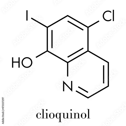 Clioquinol (iodochlorhydroxyquin) antifungal and antiprotozoal drug molecule. Skeletal formula.