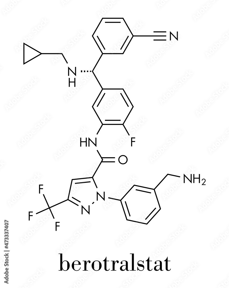 Berotralstat hereditary angioedema drug molecule. Skeletal formula. Berotralstat hereditary angioedema drug molecule. Skeletal formula.