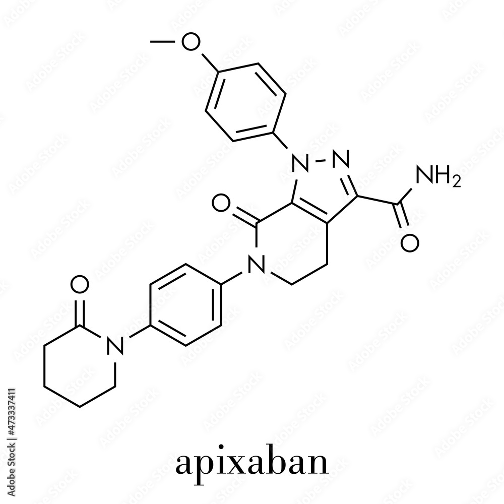 Apixaban anticoagulant drug molecule (direct FXa inhibitor). Skeletal formula.