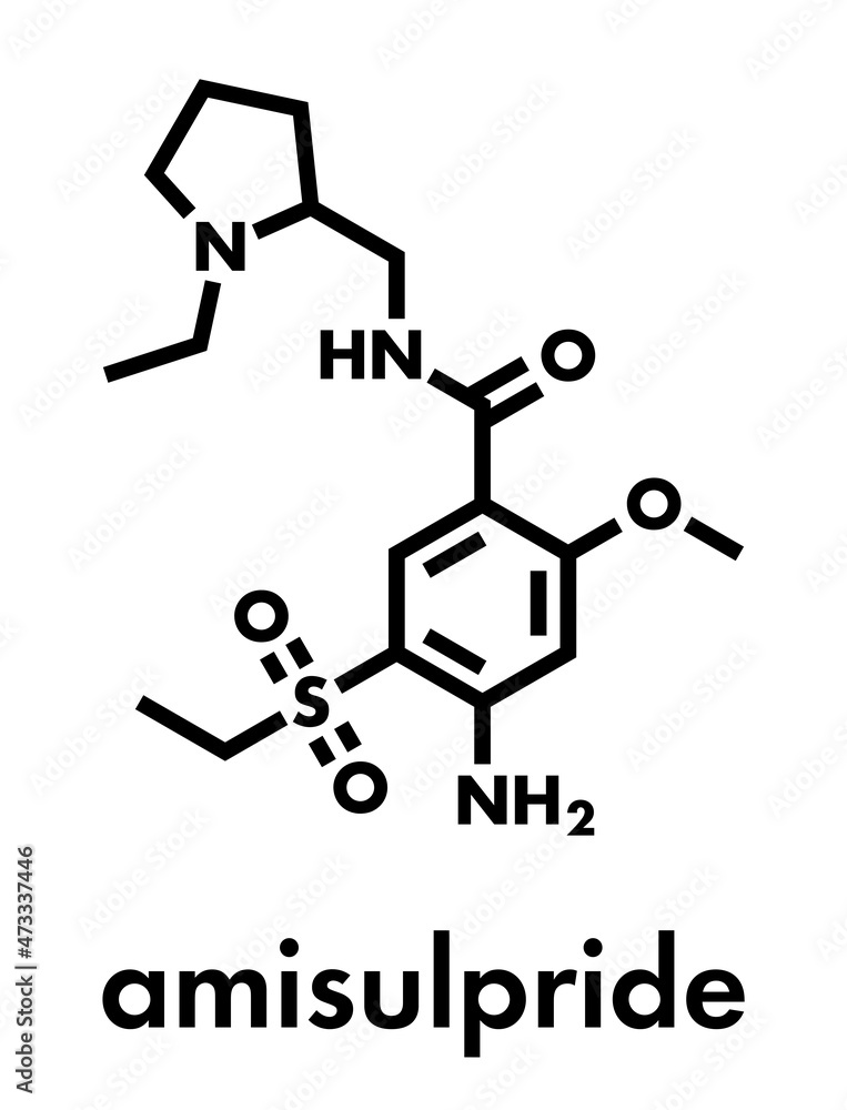 Amisulpride drug molecule. Skeletal formula. Amisulpride drug molecule. Skeletal formula.