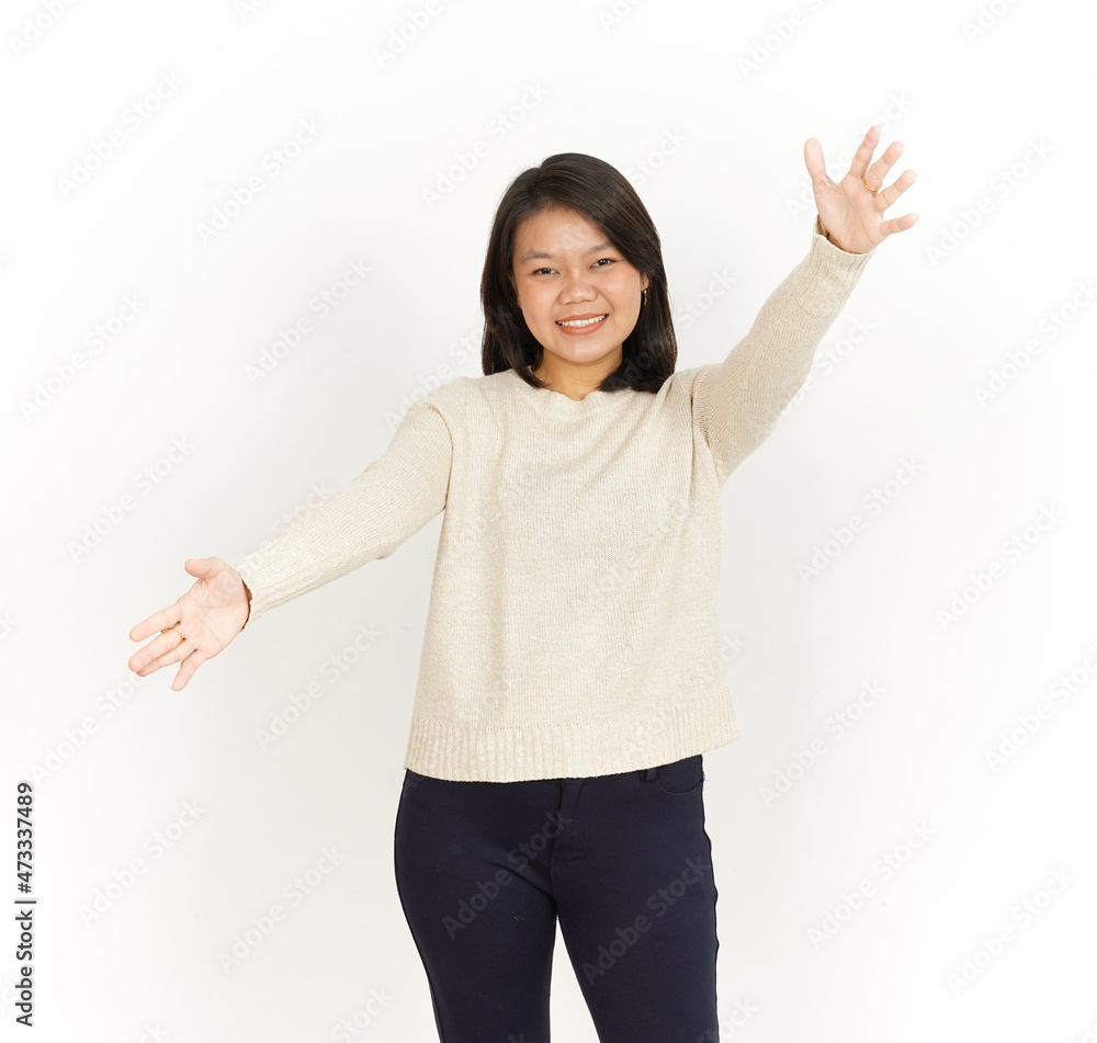 Give a Hug of Beautiful Asian Woman Isolated On White Background Give a Hug of Beautiful Asian Woman Isolated On White Background