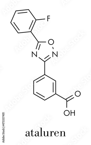 Ataluren genetic disorder drug. Used in treatment of cystic fibrosis and Duchenne muscular dystrophy. Thought to work by making ribosomes skip stop codons. Skeletal formula.