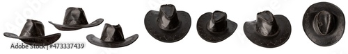 set black classic wide brim cowboy hat in multiple positions isolated on white background
