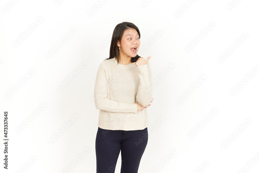 Pointing aside Showing Product of Beautiful Asian Woman Isolated On White Background