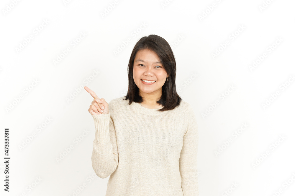 Pointing aside Showing Product of Beautiful Asian Woman Isolated On White Background Pointing aside Showing Product of Beautiful Asian Woman Isolated On White Background