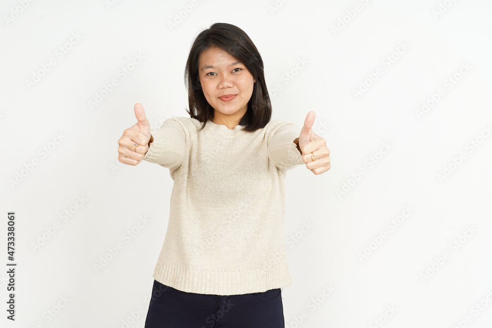 Showing Thumbs Up of Beautiful Asian Woman Isolated On White Background Showing Thumbs Up of Beautiful Asian Woman Isolated On White Background