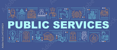 Public services innovations word concepts banner. Infrastructure support. Infographics with linear icons on blue background. Isolated creative typography. Vector outline color illustration with text