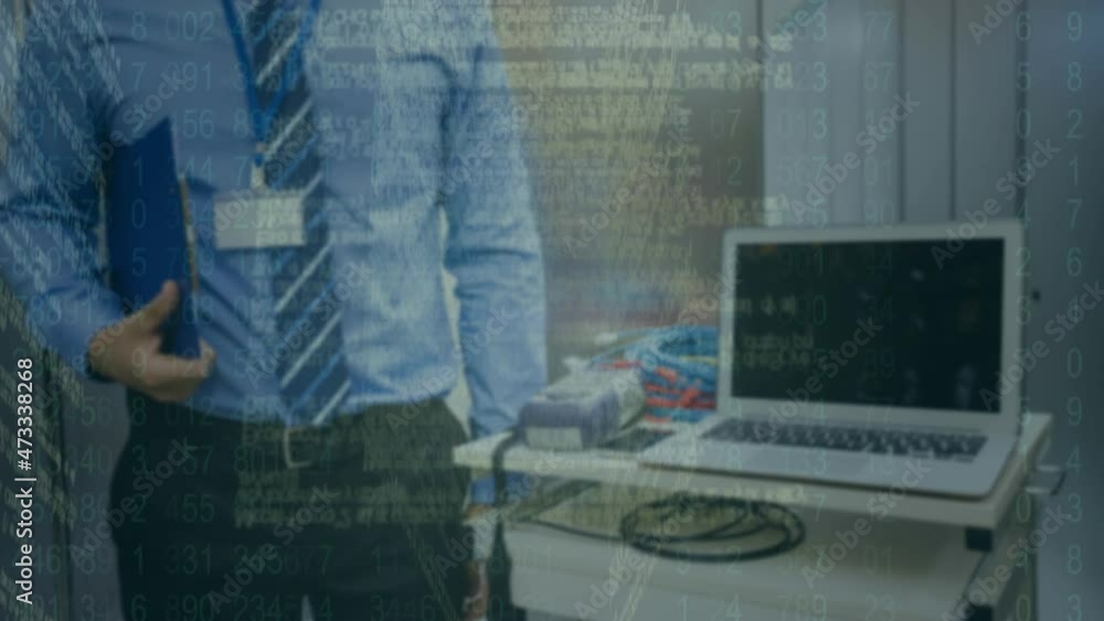 Animation of light spots and data processing over biracial man in server room Animation of light spots and data processing over biracial man in server room