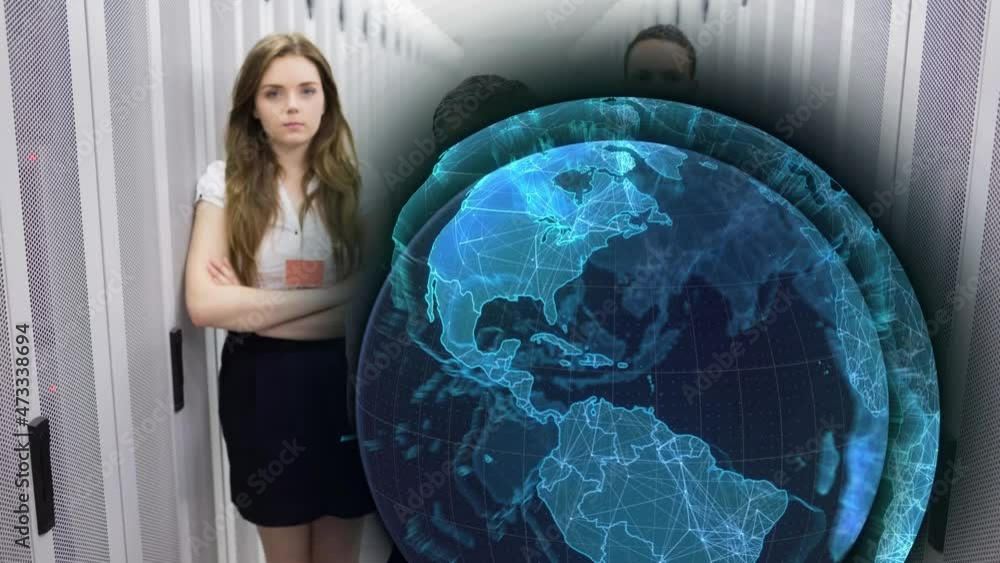 Animation of globe over diverse people in server room Animation of globe over diverse people in server room