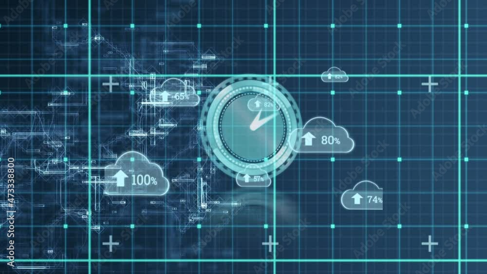 Animation of clouds with growing number over moving clock Animation of clouds with growing number over moving clock
