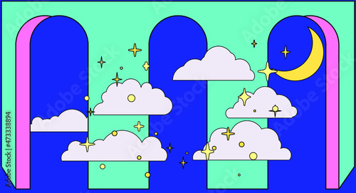 Surreal landscape with arch doors in the starry sky. Vaporwave style vector illustration.