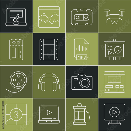 Set line Online play video, Video recorder on laptop, Scenario chalkboard, Retro audio cassette tape, Play, Cinema ticket, and MP3 file document icon. Vector