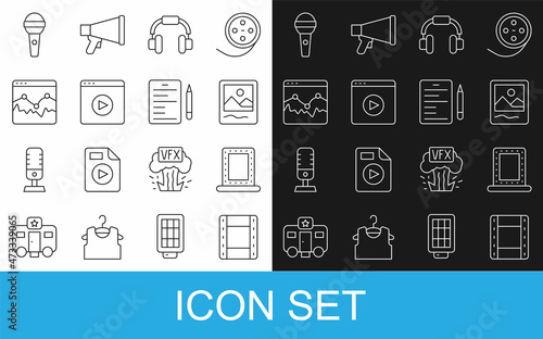 Set line Play Video, Makeup mirror with lights, Photo frame, Headphones, Online play video, Music wave equalizer, Microphone and Scenario icon. Vector