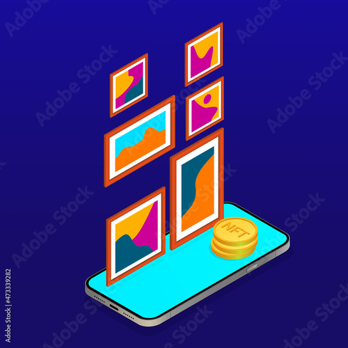 NFT. Non-fungible token. Crypto art. NFT art. Online gallery nft. Crypto art gallery. Investment in nft. Vector isometric illustration.