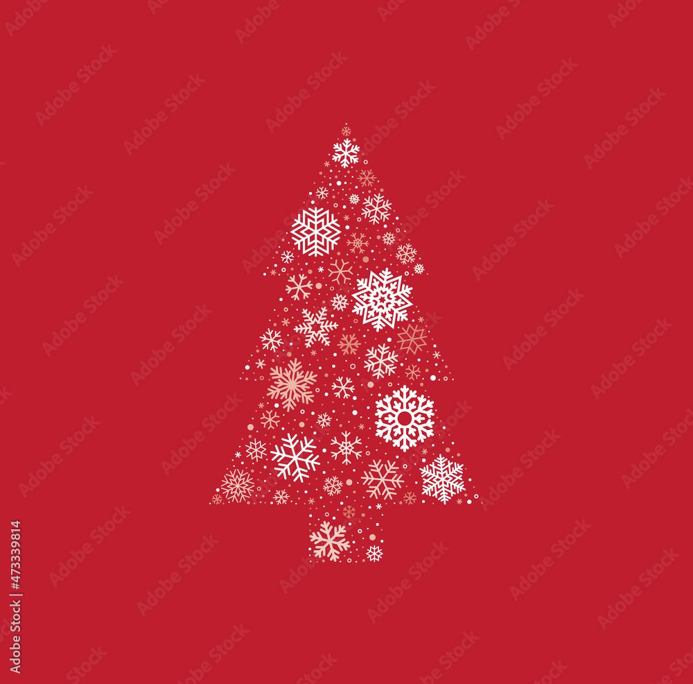 Vector christmas tree composed of different snowflakes. Red background. 