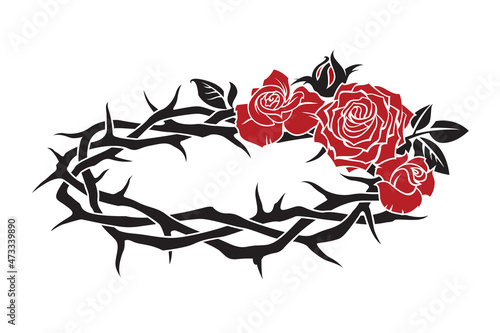 crown of thorns and red roses icon isolated on white background 