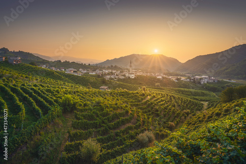 Prosecco Hills  vineyards and Guia village at dawn. Unesco Site. Valdobbiadene  Veneto  Italy