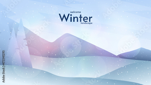 Vector landscape background illustration with beautiful winter colors. Blue mountains, winter snow, blizzard, snowfall, snowdrift landscape. 