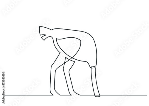 Continuous line drawing of ostrich burying his head in the sand to avoid danger. Ostrich syndrome. Minimalist black linear design isolated on white background. Vector illustration
