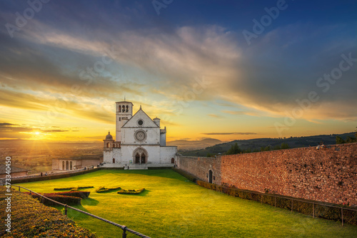 Assisi, San Francesco Basilica church at sunset. Umbria, Italy.