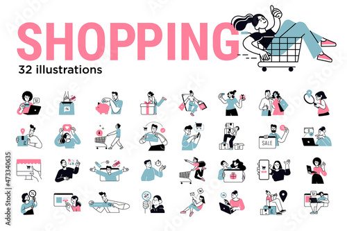 Shopping concept illustrations. Set of illustrations of men and women in various activities of online shopping, ecommerce, sale, product order and delivery. Modern vector for graphic and web design. photo