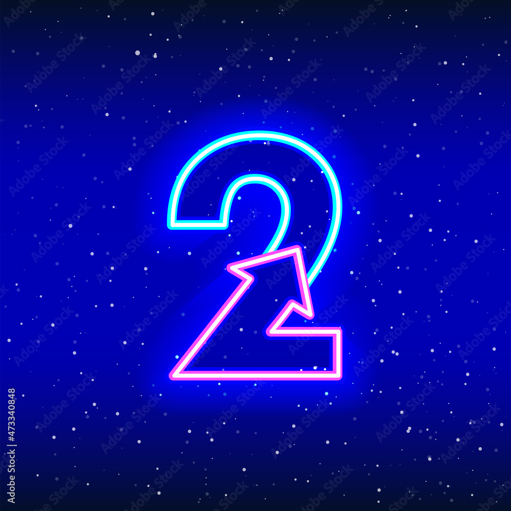 Number 2 and arrow sign icon in neon blue and pink color. Arrowed numeral two of space stars. Neon linear digit design. Realistic neon icon. Linear icon on blue background. Number 2 and arrow sign icon in neon blue and pink color. Arrowed numeral two of space stars. Neon linear digit design. Realistic neon icon. Linear icon on blue background.