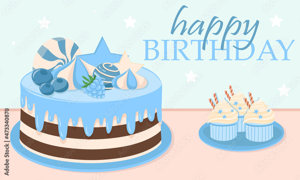 Birthday cake concept. Colorful poster with fruit sweets, cupcakes ...