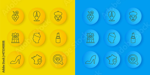 Set line Woman shoe, Windmill, French, Coffee cup, Lipstick, Grape fruit, mime and Eiffel tower icon. Vector