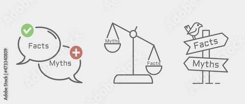 Facts vs Myths illustration. Flat style icon set. Isolated on white background. 