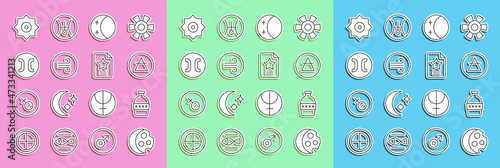 Set line Eclipse of the sun, Bottle water, Air element, Windy weather, Pisces zodiac, Falling star and Star constellation icon. Vector