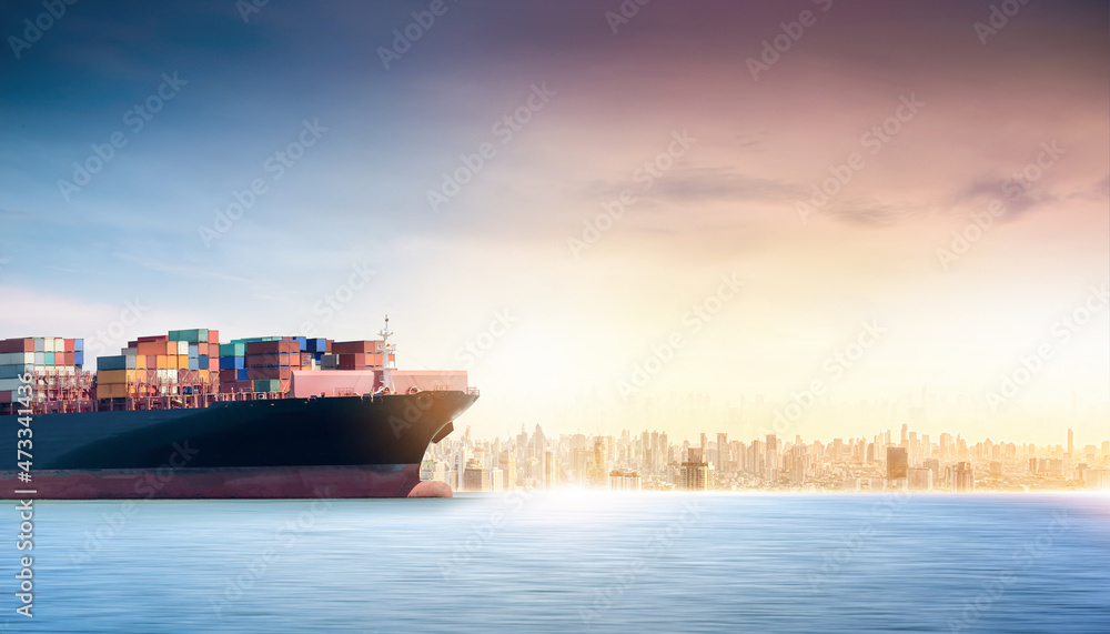 Container cargo ship in the ocean at city background with copy space, Global business logistics import export, Freight transportation, Shipping