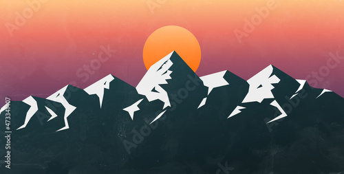 Art banner in vintage style with mountains. Image with landscape and sun at sunset.