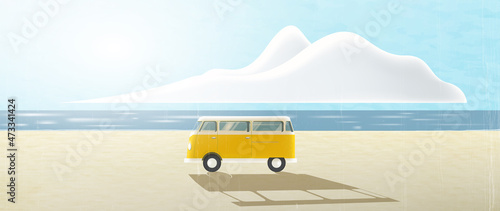 Art banner with yellow retro minibus on the beach by the ocean.