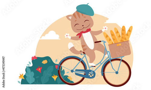 A cute cat in a beret rides a bicycle with a wicker basket with baguettes. Vector food illustration. French cuisine, pastries, Parisian cafe.