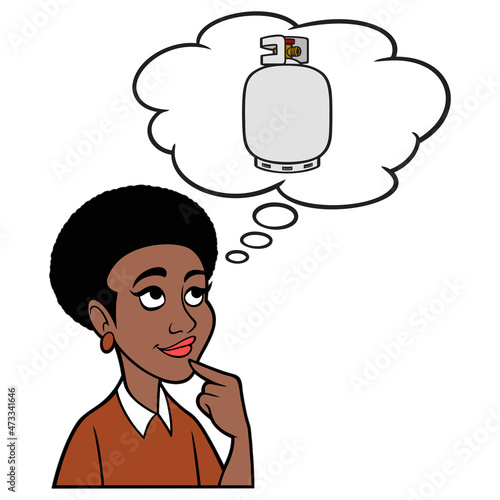 Woman thinking about a Propane Tank - A cartoon illustration of a Woman thinking about a Propane Tank.